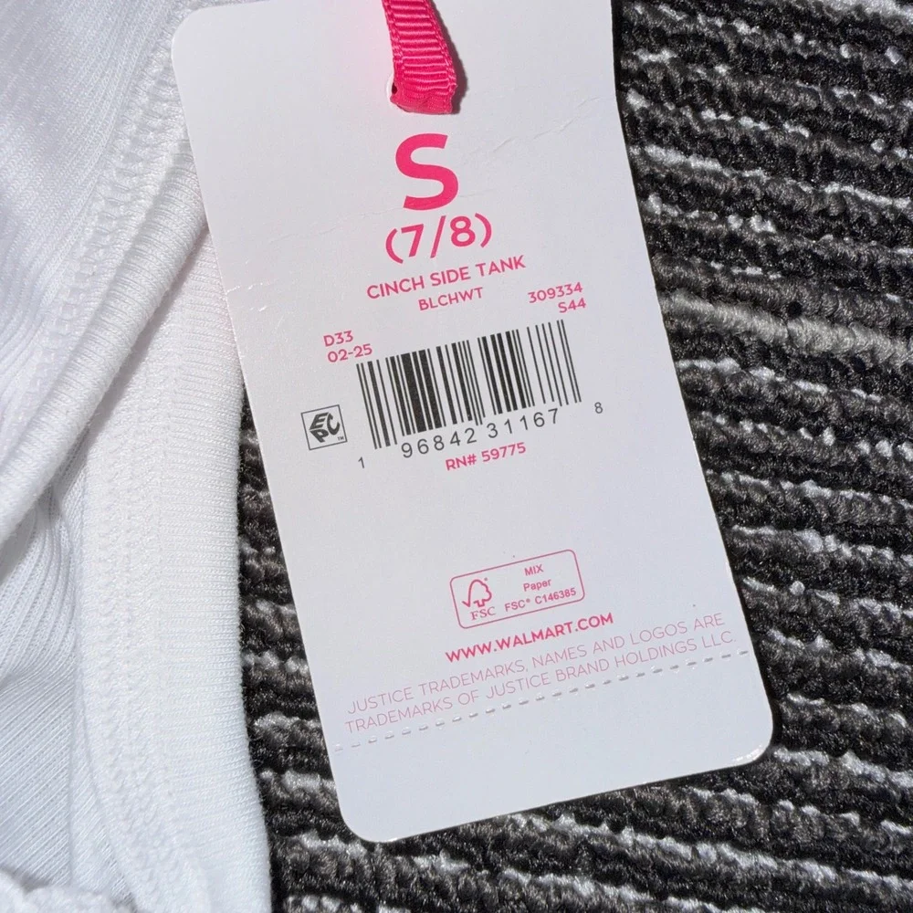 Justice Sport Cinch Side Tank Kids Size S 7/8 New White Ribbed Ruched Top